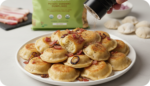 Potato Vareniki with Bacon and Fried Onions