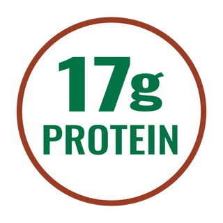 A circular graphic with a brown ring border and green text reading '17g PROTEIN' on a white background.