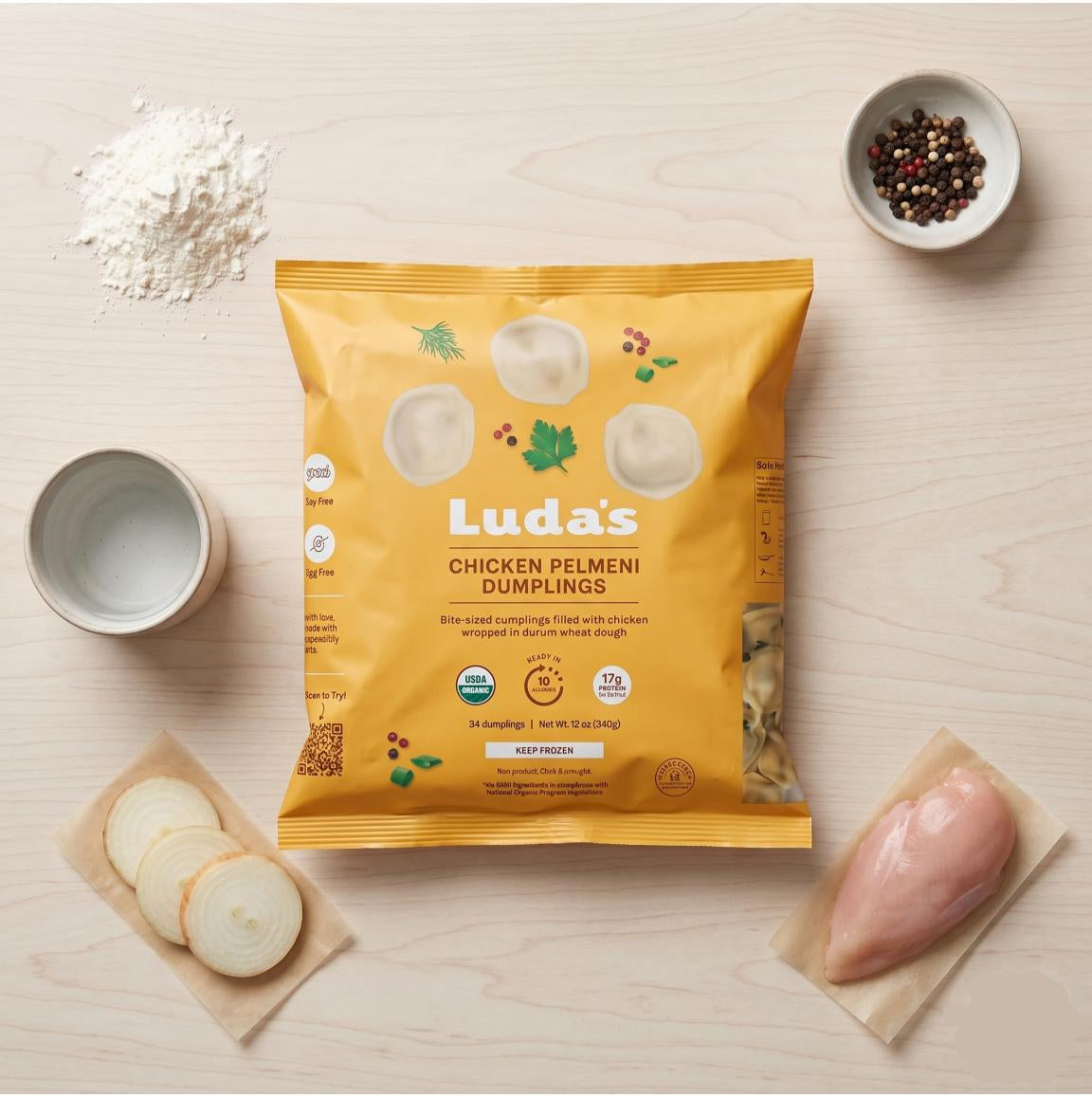 Luda's organic pelmeni dumplings, retail pack and ingredients