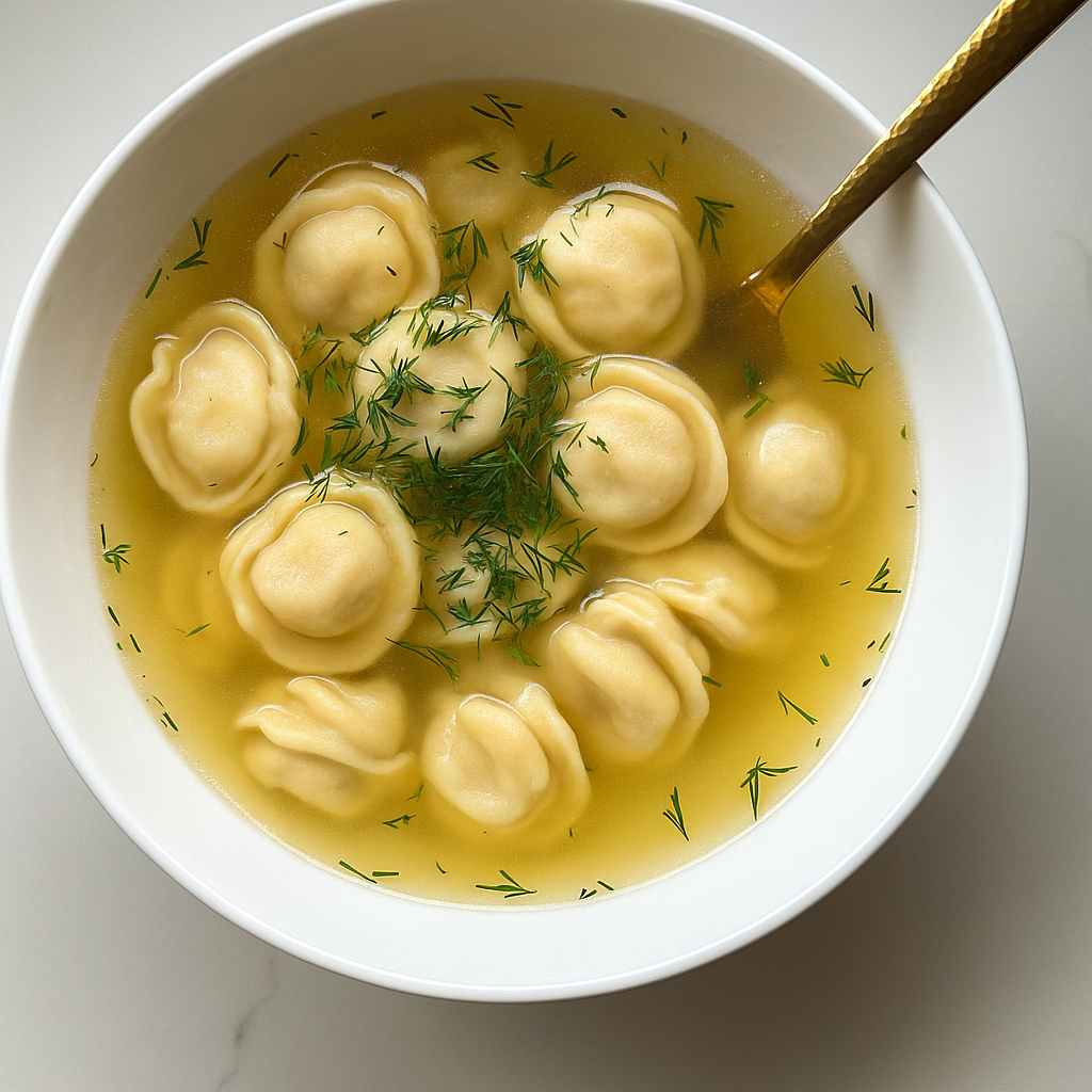 Organic chicken pelmeni in clear broth with dill garnish