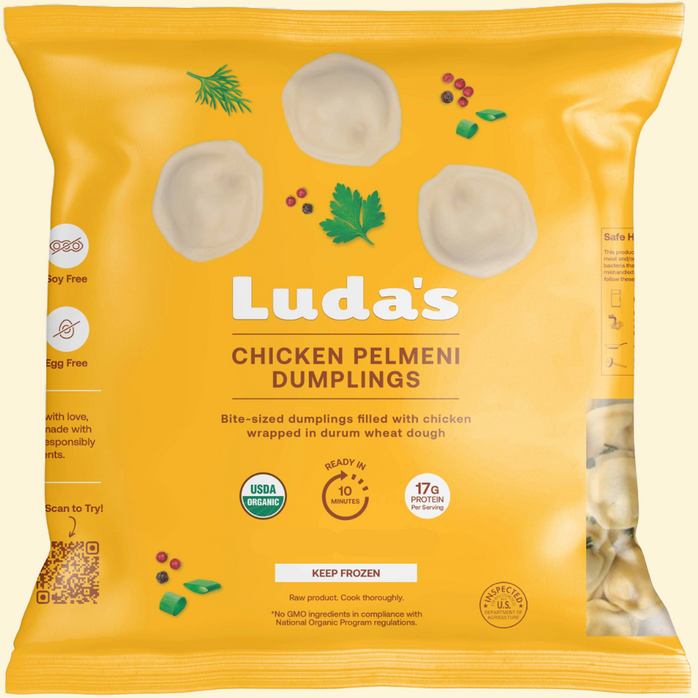 Luda’s Organic Chicken Pelmeni Dumplings 16oz pouch with yellow packaging and clean label ingredients