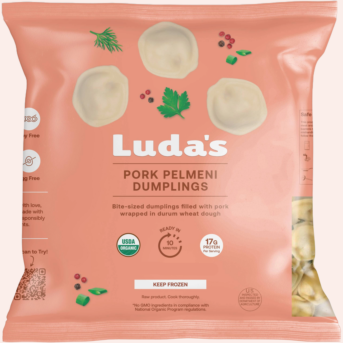 Luda’s Organic Pork Pelmeni Dumplings 16oz pouch in pink packaging with no fillers and bold flavor