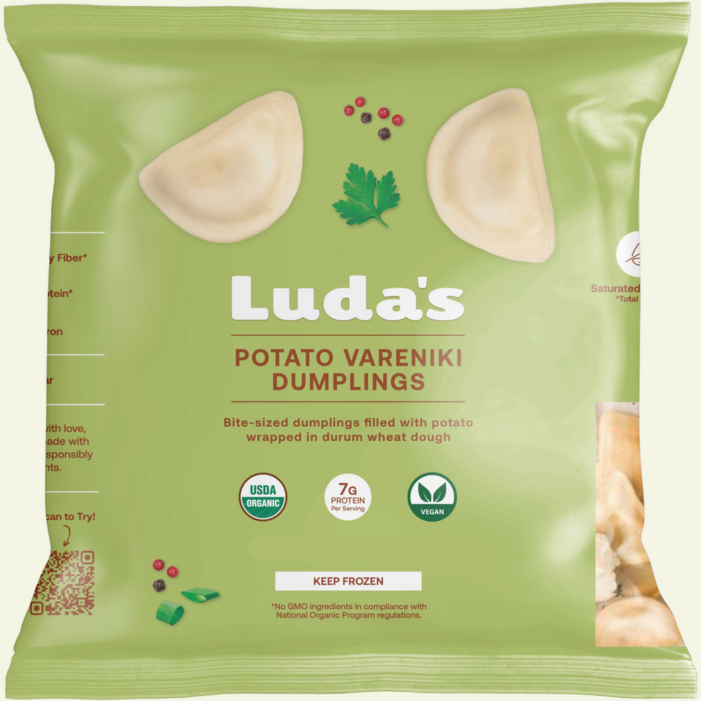 Luda’s Organic Vegan Potato Vareniki Dumplings in green 16oz pouch with clean ingredients and egg-free dough