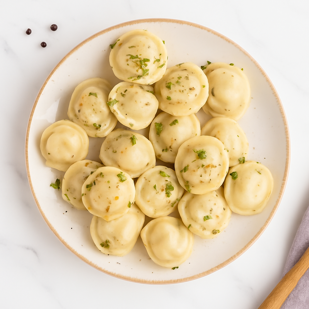 Chicken pelmeni dumplings with dill on a white plate