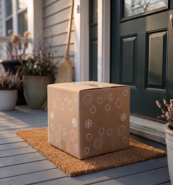 A brown cardboard box decorated with white snowflakes and circular patterns sits on a tan coir doormat in front of a dark green front door.