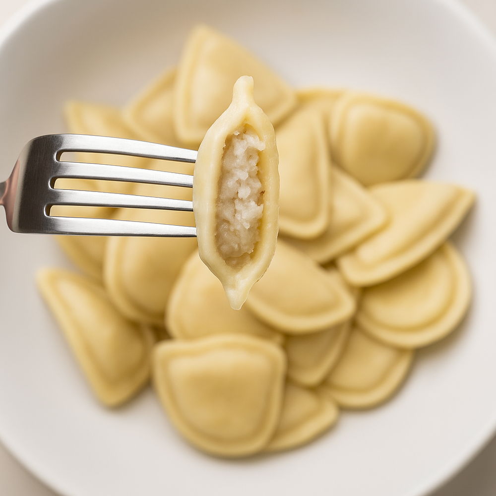 Potato vareniki dumplings. Filling close up